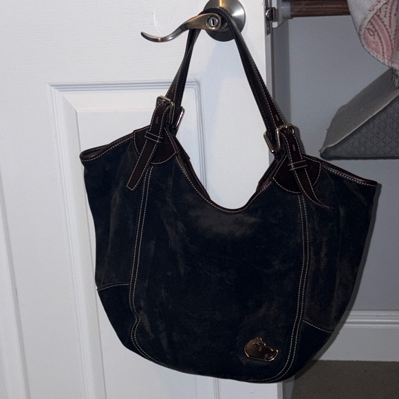 Charcoal Grey Suede with Brown Leather Handle Shoulder Bag - Picture 1 of 7